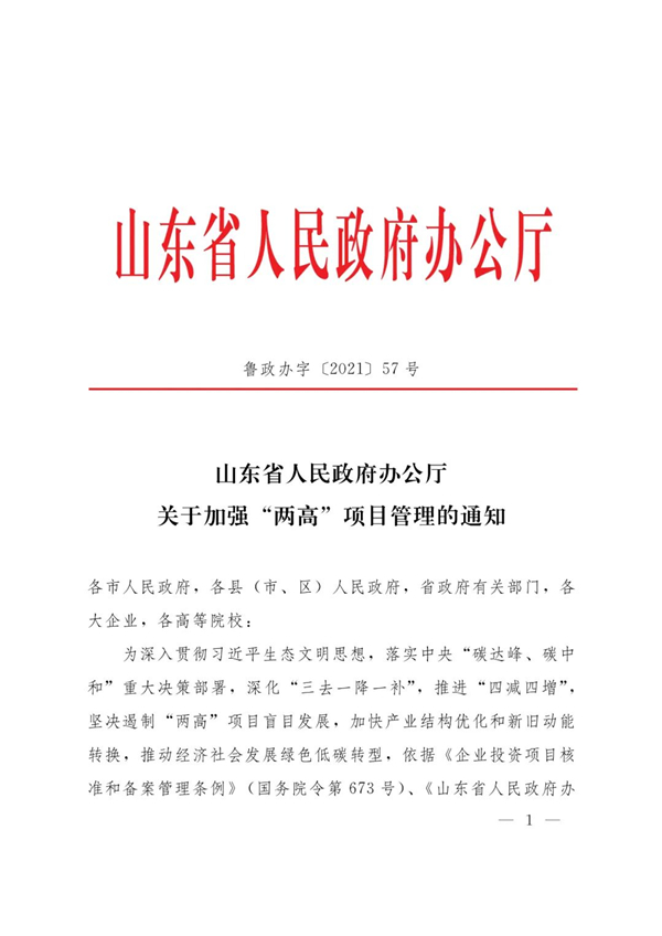 山東省人民政府辦公廳關(guān)于加強(qiáng)“兩高”項(xiàng)目管理的通知（附兩高項(xiàng)目管理目錄）